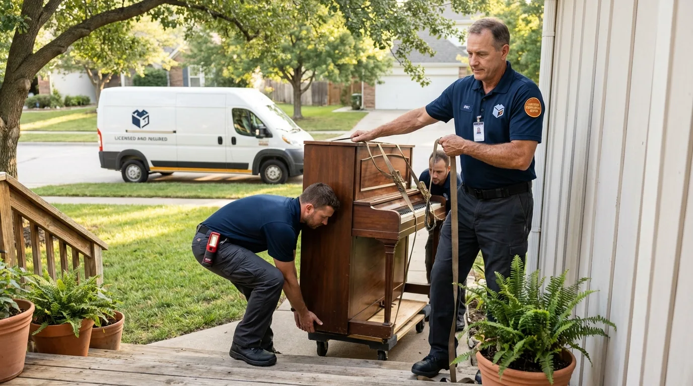 Licensed piano movers securing grand piano in Laurens, IA