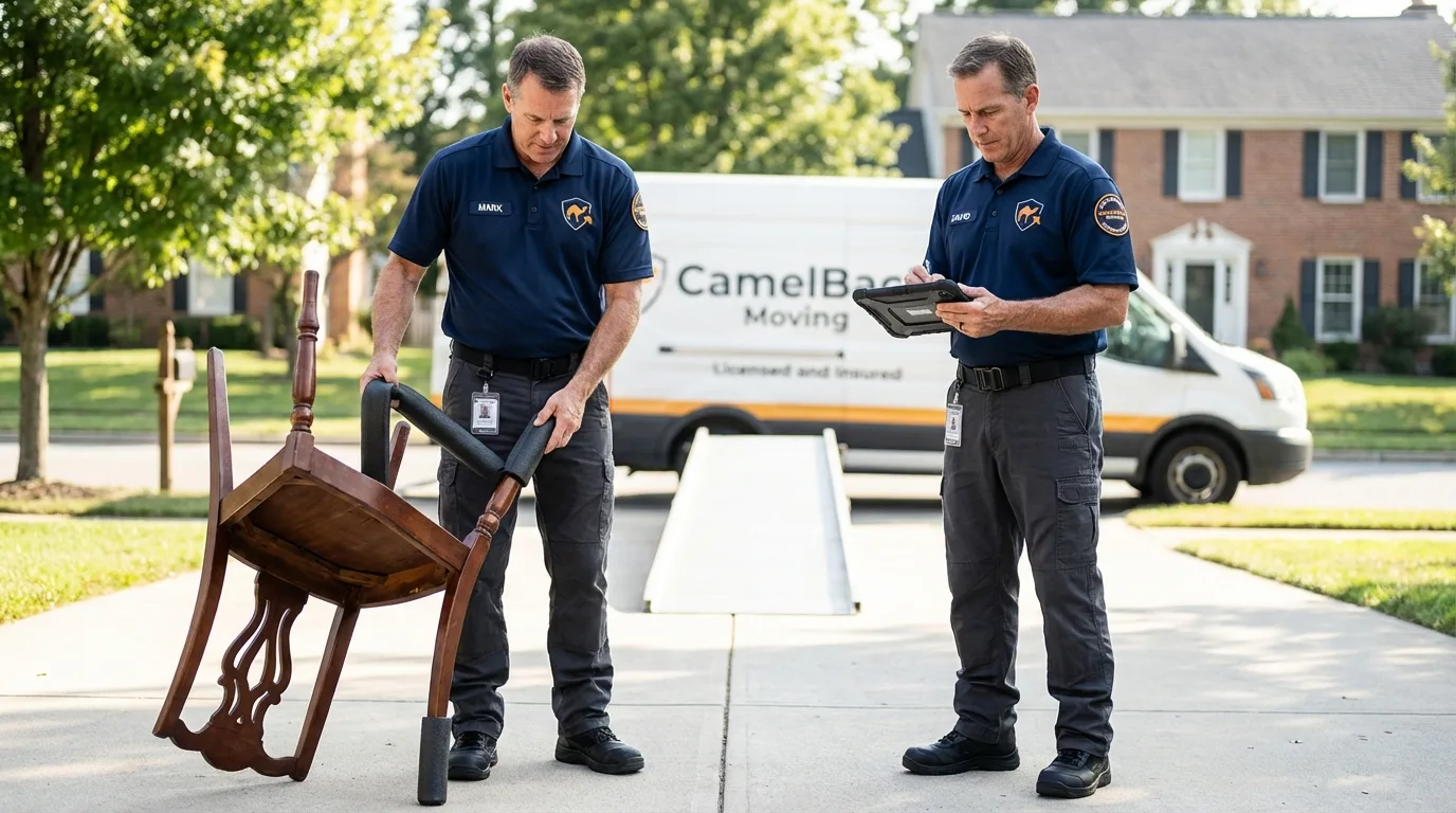 Movers inspecting furniture for damage prevention before loading in Laurens, IA