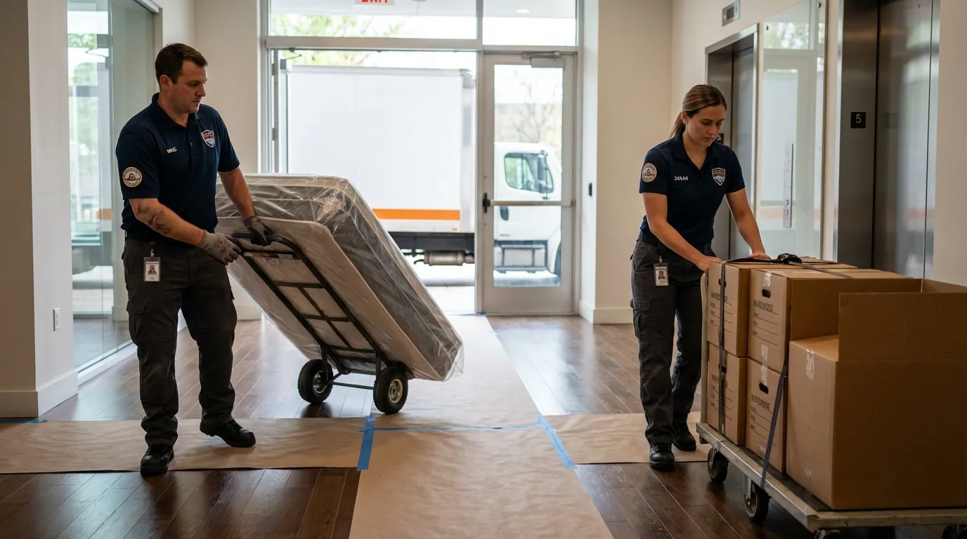 Professional apartment movers loading elevator in Laurens, IA