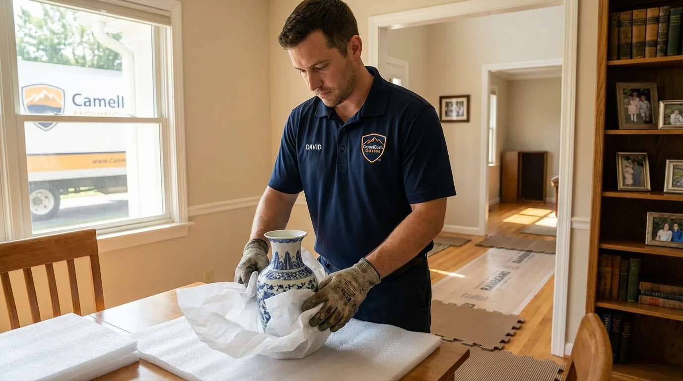 Professional crew carefully wrapping antique vase for senior downsizing move in Laurens, IA